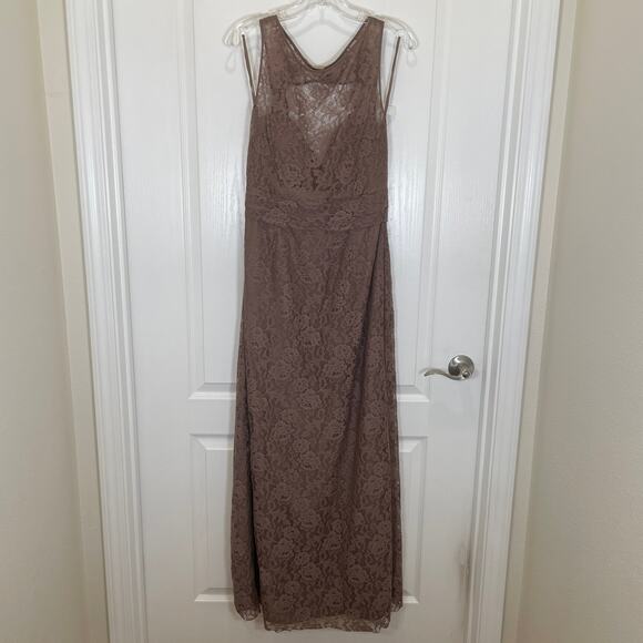 Amsale Truffle Taupe Lace Maxi Dress Sleeveless Boatneck Formal Evening 10 - Picture 1 of 6